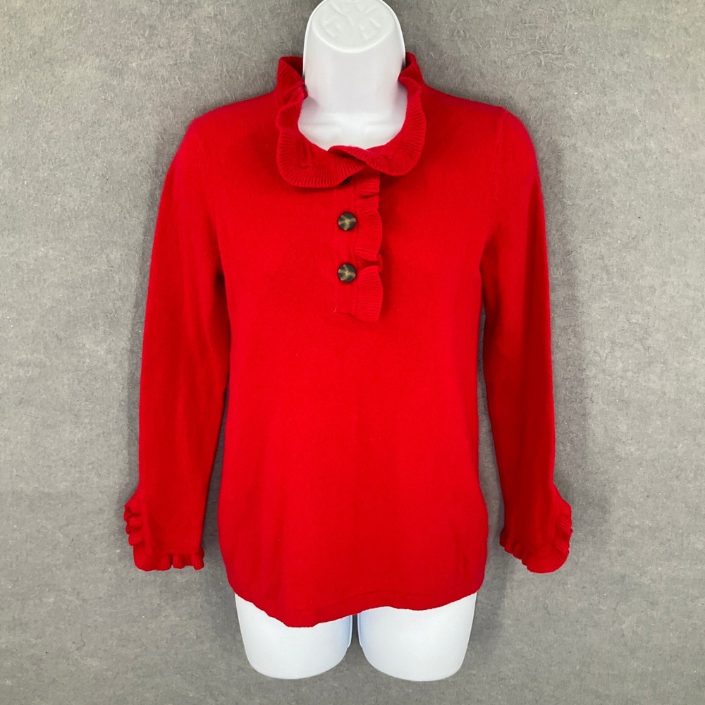 Lark & Ro Womens Sz S Red Cashmere Sweater Ruffle Neck Button Front Long Sleeve